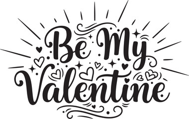 Vector art of black and white valentines day typography with hearts and stars on