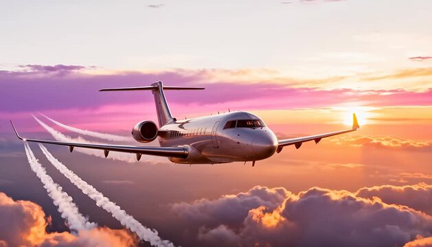 Private jet airplane flying high above a vibrant sunset sky leaving contrails and streaks private jet.