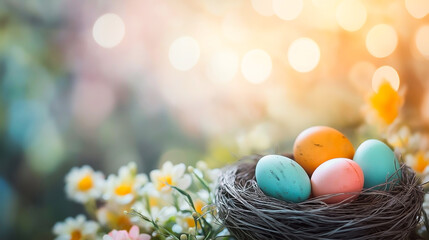 Colorful pastel Easter eggs in a straw nest surrounded by blooming spring flowers on bright background, cheerful holiday decoration and seasonal celebration theme.