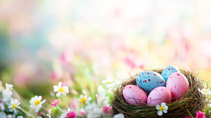 Colorful pastel Easter eggs in a straw nest surrounded by blooming spring flowers on bright background, cheerful holiday decoration and seasonal celebration theme.