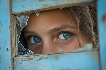 Close-up portrait of young child with striking blue eyes peeking through old wooden window, emotional moment symbolizing curiosity, innocence, and hope.