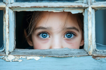 Close-up portrait of young child with striking blue eyes peeking through old wooden window, emotional moment symbolizing curiosity, innocence, and hope.