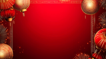 Elegant red and gold background with traditional Chinese decorations, coins, and lanterns forming frame border, symbol of prosperity, good luck, and festive celebration.