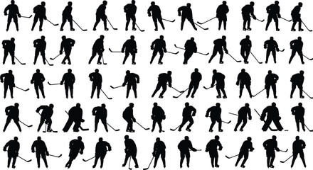 Hockey player silhouettes, dynamic poses, vector clipart, black and white, skating, shooting, defending, sports motion, ice hockey, stick