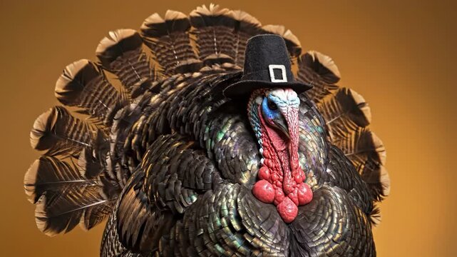 Thanksgiving turkey wearing a pilgrim hat closeup portrait