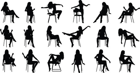 Seated human silhouettes, chair poses, expressive gestures, vector clipart, black and white, body language, posture, sitting, relaxed, motion