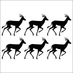 Fototapeta premium Six black silhouette antelopes running in a row against a stark white background for graphic design
