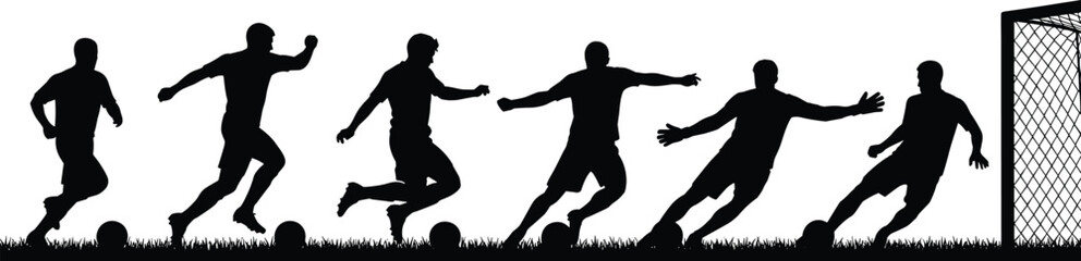 Soccer kick sequence, player silhouettes, goal scene, vector clipart, black and white, motion study, sports action, technique