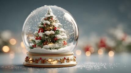 Christmas tree in Glass snow globe on red background, Christmas decorative design with white snowdrift,snowflakes,glow garland,3d decorative garland glow.Xmas Decorations,Vector illustration.