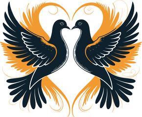 Obraz premium Two dark blue doves with orange wings forming a heart shape