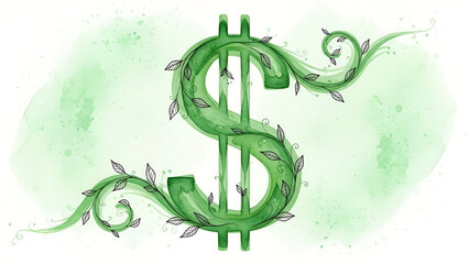 Green dollar sign intertwined with vines and leaves, symbolizing growth, prosperity, and financial success in a natural, organic way