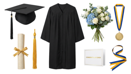 Graduation Day Still Life: Cap, Gown, Diploma, Flowers and Congratulations Card