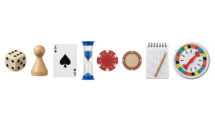 Assorted Game Pieces: Dice, Pawn, Card, Hourglass, Chips, Timer on White