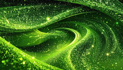 Dynamic green abstract background with flowing light trails and glitter.