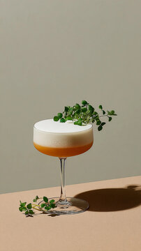 Gourmet cocktail presented with vivid detail and elegant styling. Creative garnish and smooth foam emphasize its upscale craft. Modern atmosphere enhances the drink&rsquo;s visual appeal