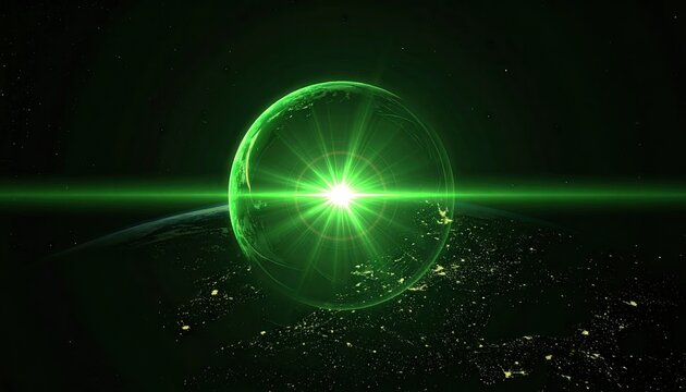 Abstract glowing green sphere with bright light beam and scattered particles.
