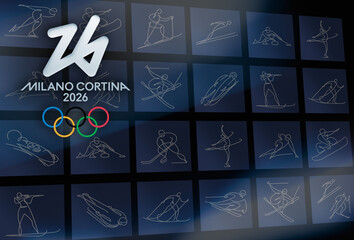 Obraz premium MILAN, ITALY, DECEMBER 12, 2025. Modern branding design for the Milano Cortina 2026 Olympic Winter Games displaying the Futura logo and five rings symbol overlaid on a dark grid of all sports icons