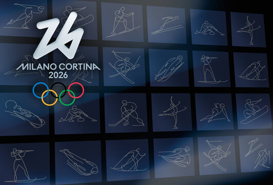 MILAN, ITALY, DECEMBER 12, 2025. Modern branding design for the Milano Cortina 2026 Olympic Winter Games displaying the Futura logo and five rings symbol overlaid on a dark grid of all sports icons