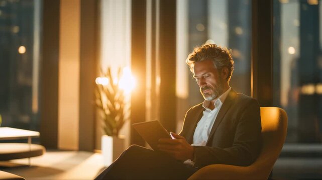Businessman reading tablet in warm evening light inside modern office lounge with city skyline view