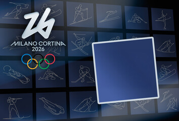 Fototapeta premium MILAN, ITALY, DECEMBER 12, 2025 Graphic design showing the official Milano Cortina 2026 Winter Olympics logo and pictograms on a blue background with an empty square frame ready for digital mockups