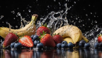 Fresh fruit splash with bananas, strawberries, and blueberries.
