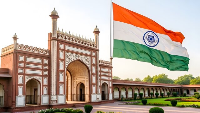Ornate Mughal Gate & Massive Indian Flag: Red Sandstone Architecture