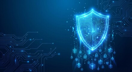 Glowing digital shield with circuit patterns protects data blocks and locks against cyber threats on dark background