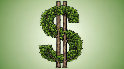 Dollar sign shaped like a tree with green leaves and wooden trunk, symbolizing growth and wealth