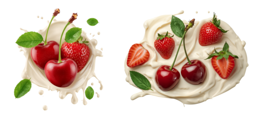 Strawberries and cherries in white chocolate isolated on transparent background