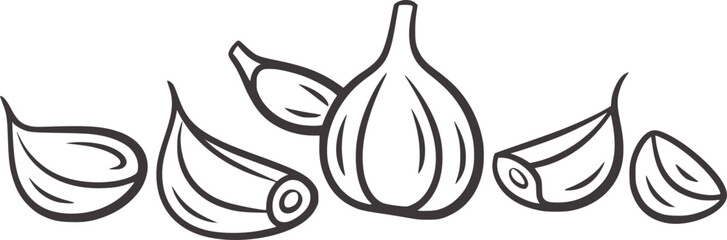 Black and white line of whole and peeled garlic cloves