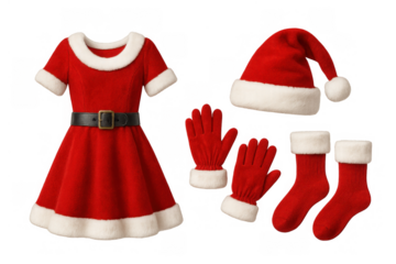 Mrs. Claus costume with dress, hat, gloves, and socks showcasing festive christmas apparel for holiday celebrations