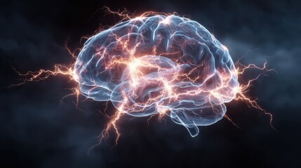 abstract image of a human brain surrounded by bright flashes of light and energy flows which creates a glow effect 
