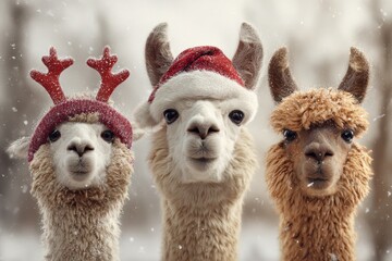 Obraz premium Festive Alpacas in Winter Santa Hats