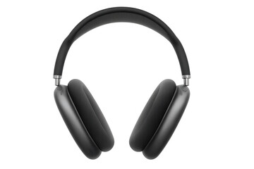 Wireless over-ear headphones in charcoal gray, listening to music, modern audio technology, transparent background