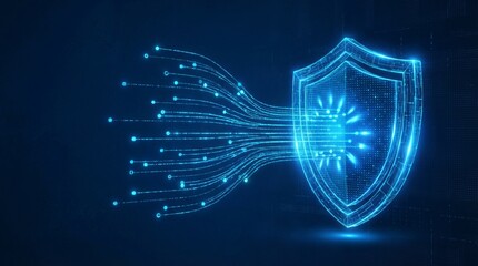 Digital security shield intercepts flowing data streams in a dark abstract cyberspace network environment