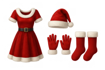 Woman's mrs. Claus christmas outfit including red dress with belt, santa hat, gloves, and knee-high socks, transparent background
