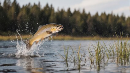 A salmon leaps from the water in a beautiful natural environment.
