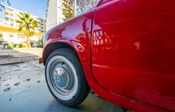 Vintage red Zastava 750, a classic Serbian-produced compact car, showcasing retro automotive design and historical character in Durres, Albania 11.12.2025 