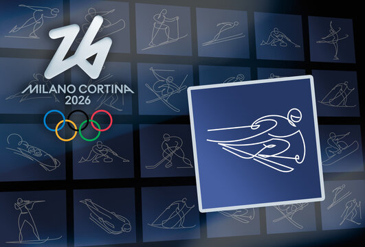 MILAN, ITALY, DECEMBER 12, 2025 The official Milano Cortina 2026 logo and rings alongside the white Alpine skiing pictogram on a blue square showing the winter sport graphics for the upcoming event
