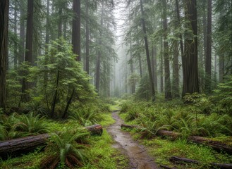 Obraz premium Serene Forest Trail with Mist and Lush Green Vegetation