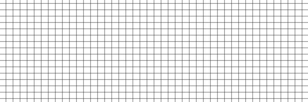 Grid black texture on white background. Wide squared black grid paper. Mathematics pattern. Notebook sheets blank. School and education backdrop. Template for typography to make notebooks production.