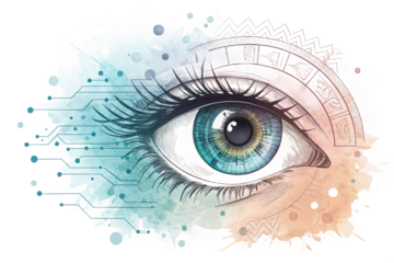 Abstract human eye, woman watercolor eyes or digital futuristic eyesight concept, eyeball look mosaic pixel elements surveillance vision technology vector illustration