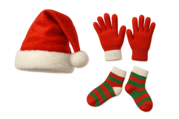 Christmas holiday accessories including red santa hat, knitted gloves, and striped socks, ready for winter festivities