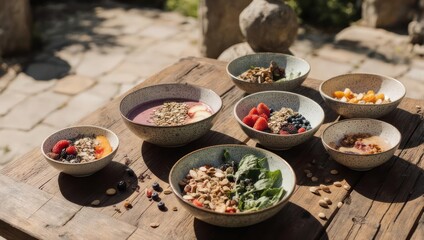 Healthy breakfast bowls with various toppings on a wooden table.
