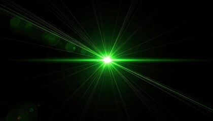 Vibrant green light explosion with radiating beams and lens flare effects.