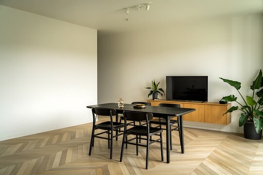 Modern dining area with dark wooden table and chairs television on a wooden cabinet and lush green plants in a bright room - Powered by Adobe