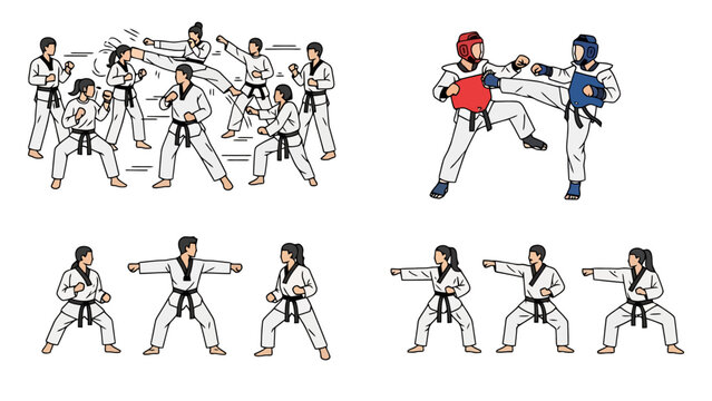 Illustration of Diverse People Practicing Martial Arts and Fitness Activities