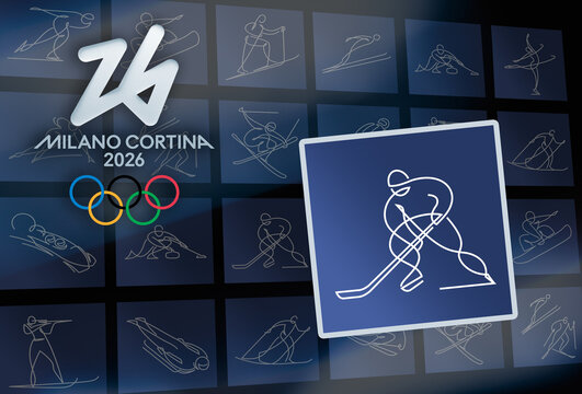 MILAN, ITALY, DECEMBER 12, 2025. The official Ice Hockey pictogram is displayed on a blue card in front of the branding logo and sports icons for the upcoming Milano Cortina 2026 Winter Olympic Games.