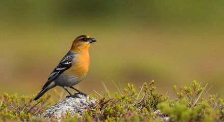 Fototapeta premium Orange and Gray Bird Perched on a Rock in a Field.