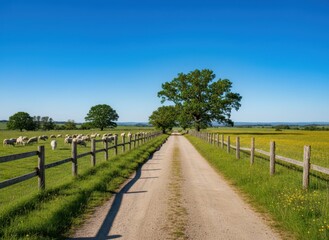 Serene Country Road with Fencing and Grazing Sheep Under Clear Sky